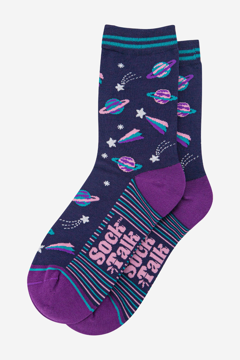 womens-bamboo-socks-navy-blue-purple-outer-space-laying-flat