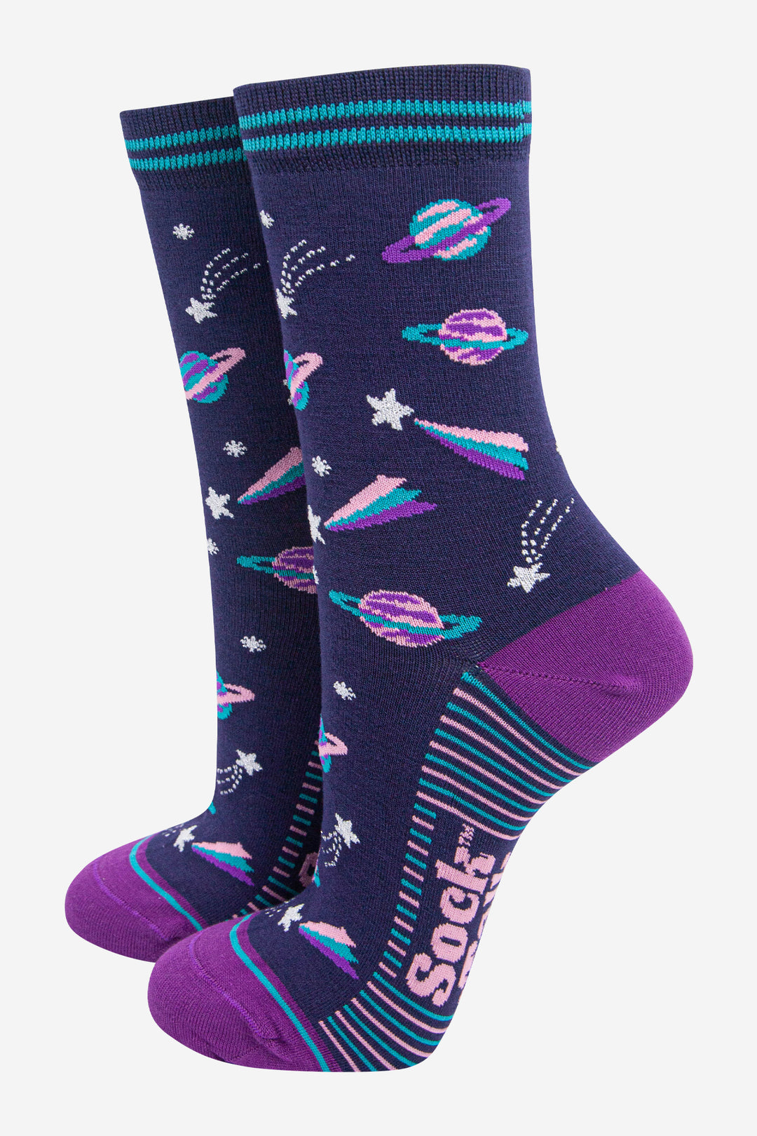 womens-bamboo-socks-navy-blue-purple-outer-space-planets-stars