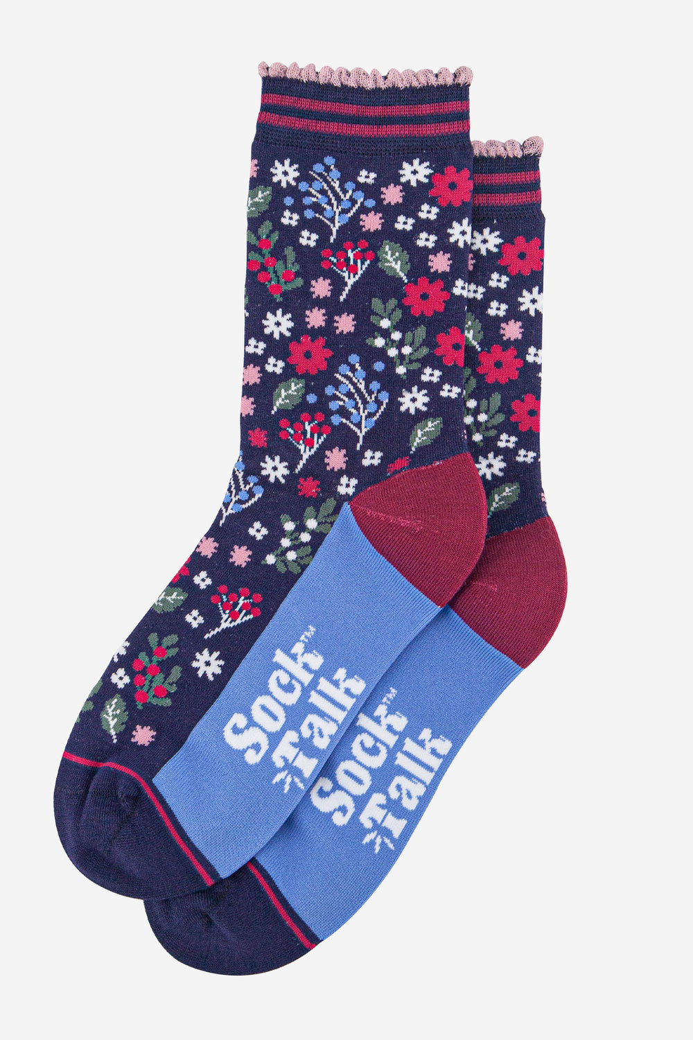womens-bamboo-socks-navy-blue-winter-floral-laying-flat