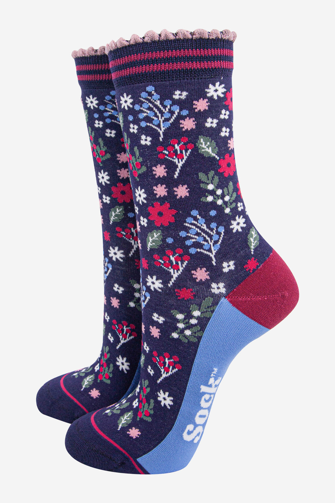 womens-bamboo-socks-navy-blue-winter-floral-gardens