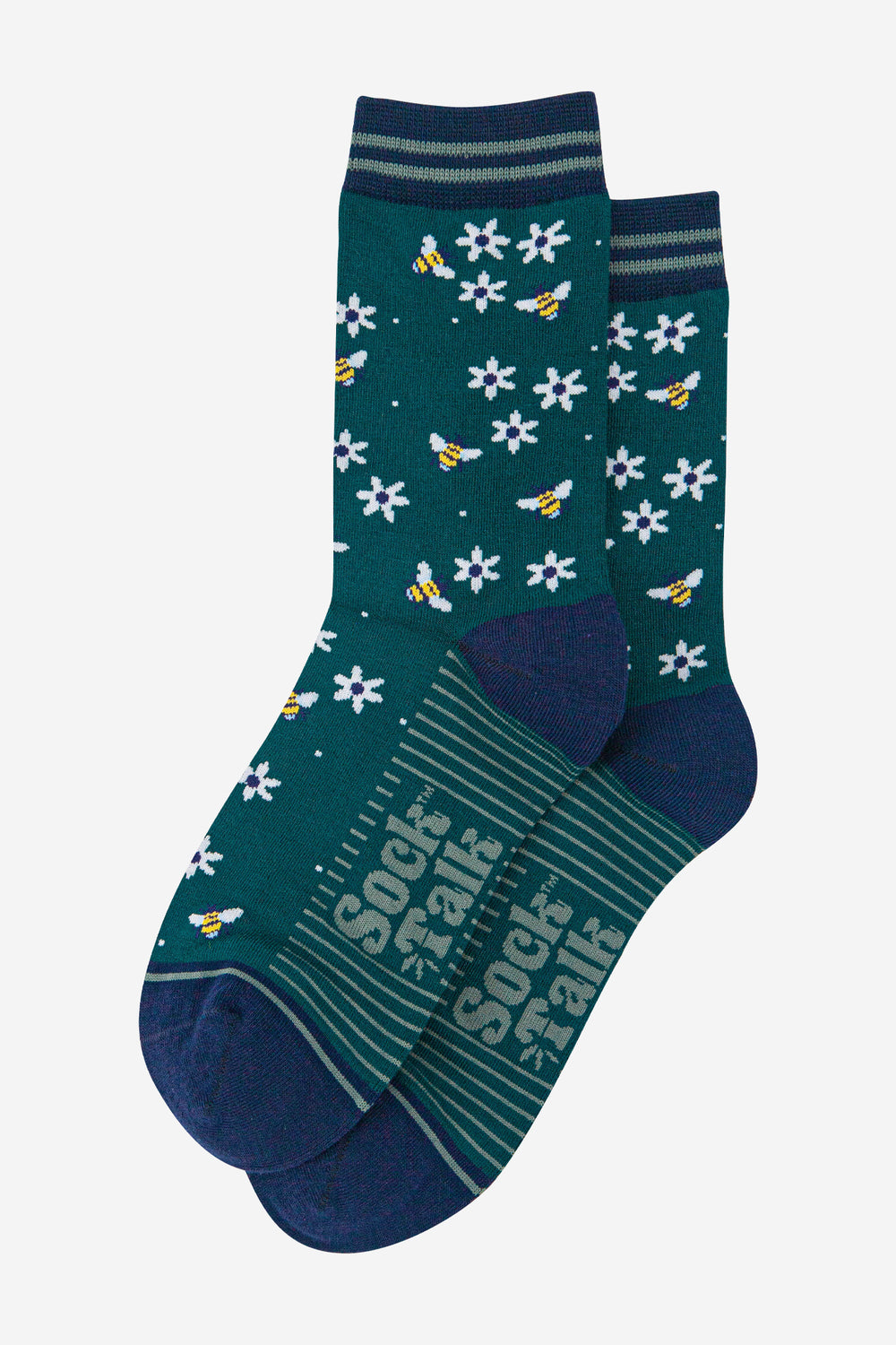womens-bamboo-socks-forest-green-navy-blue-bee-and-flowers-laying-flat