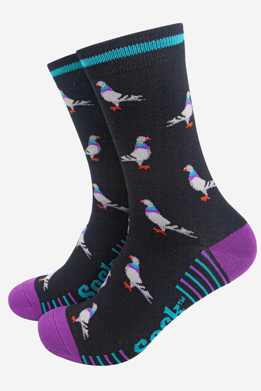 mens-bamboo-socks-black-purple-pigeon-birds