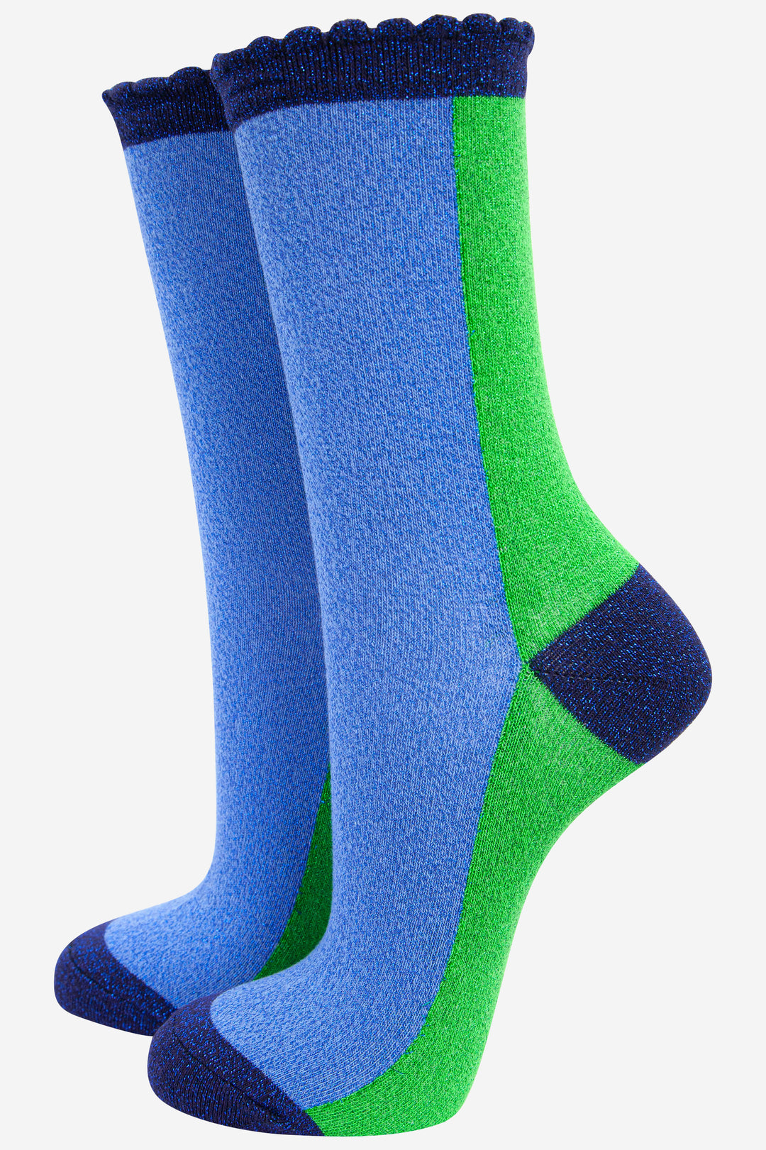 ladies glitter ankle socks with a blue scalloped glitter trim and light blue and green colour block design