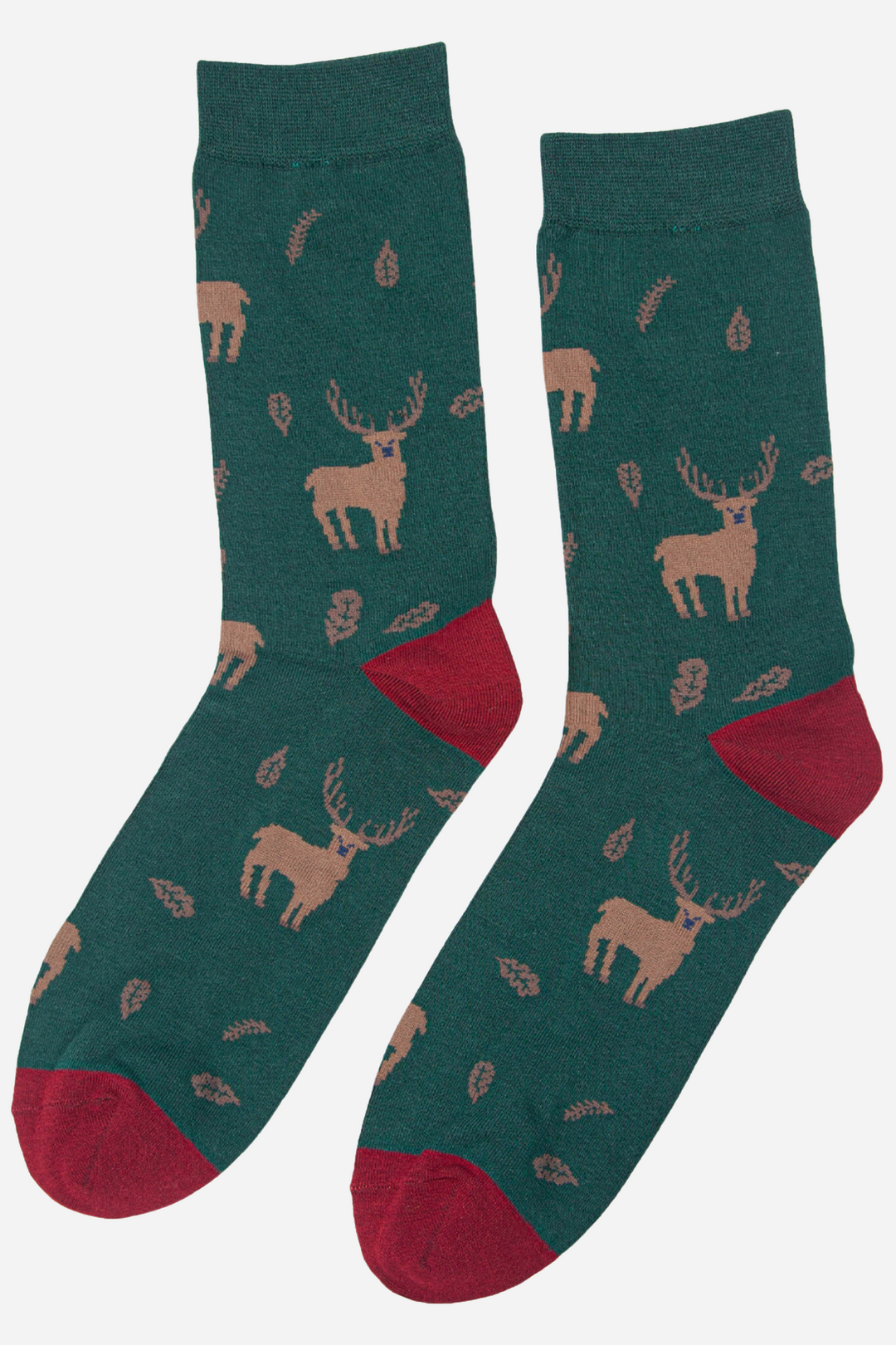 green socks with an all over pattern of stags and leaves