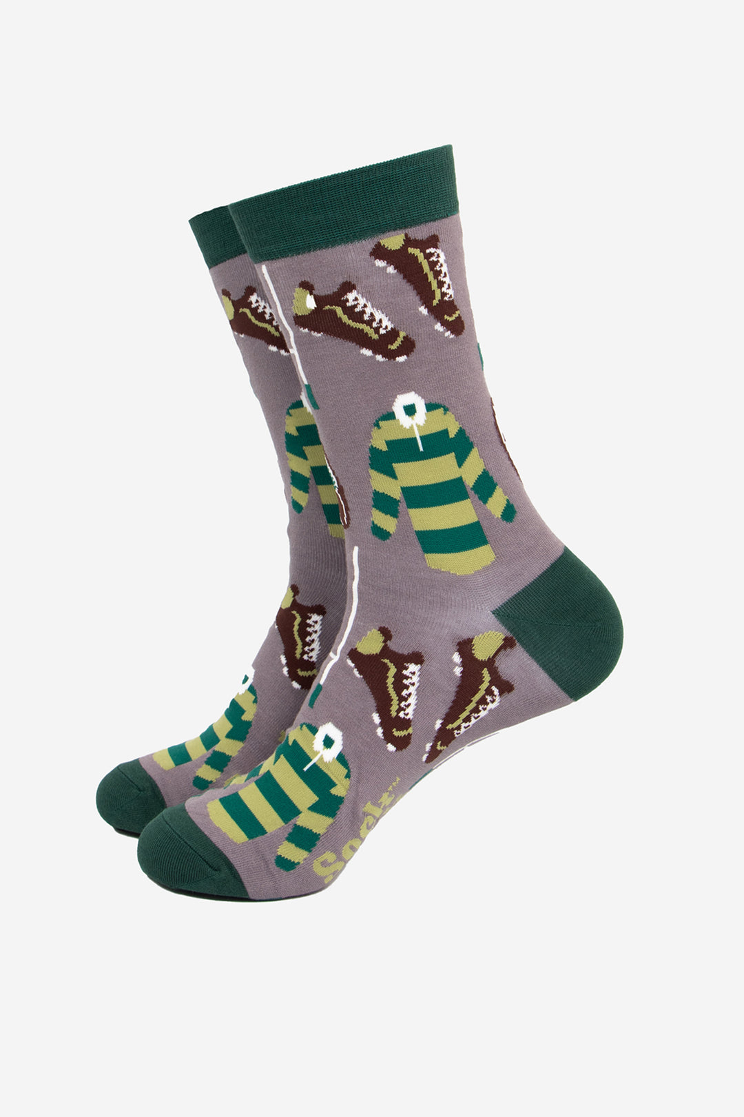 men's grey bamboo socks with a dark green heel, toe and cuff. The crew socks have a repeating pattern featuring rugby goals, rugby boots and green striped rugby shirts.