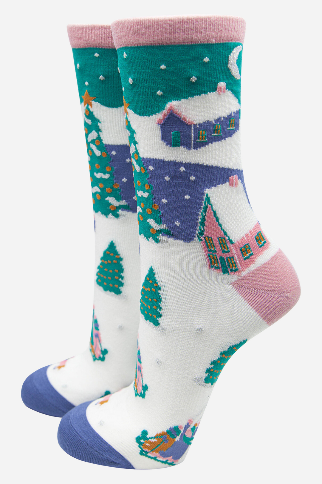Women's Bamboo Christmas Socks Xmas Scene Novlety Socks Gift Set Pink