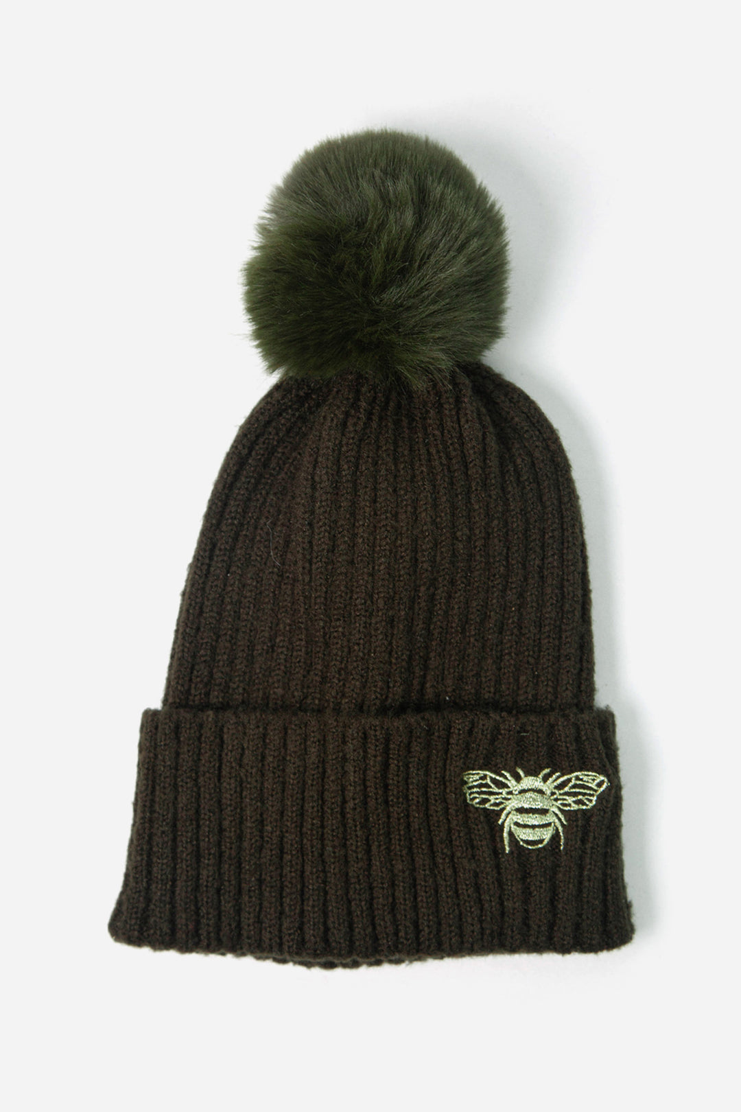 Khaki Bee Detail Pom Pom Hat