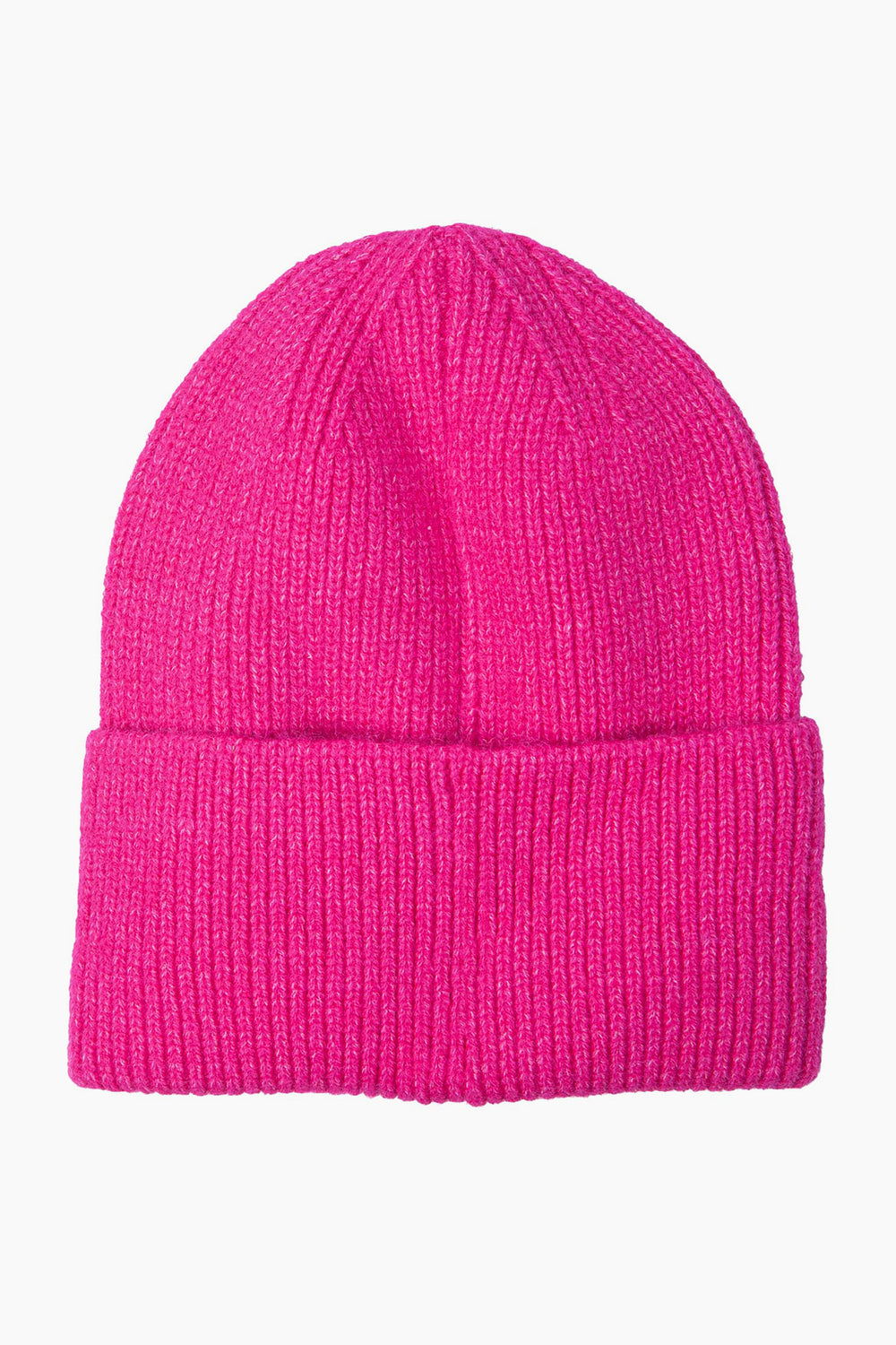 plain fuchsia pink knitted beanie hat with a foldable brim