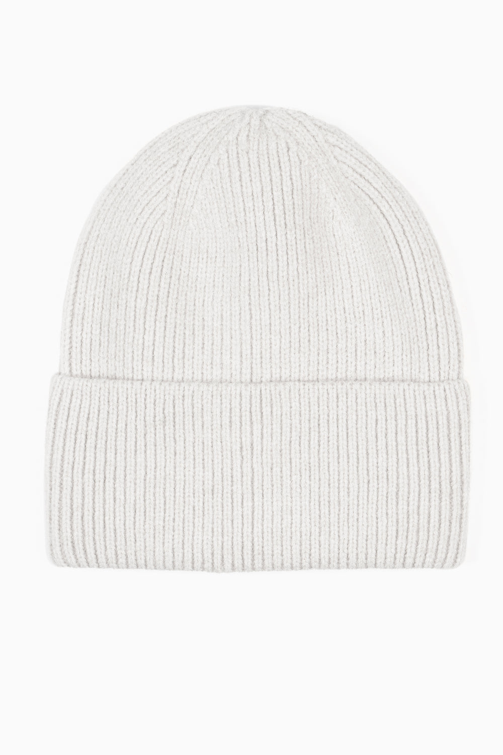 plain light grey knitted beanie hat with a foldable brim