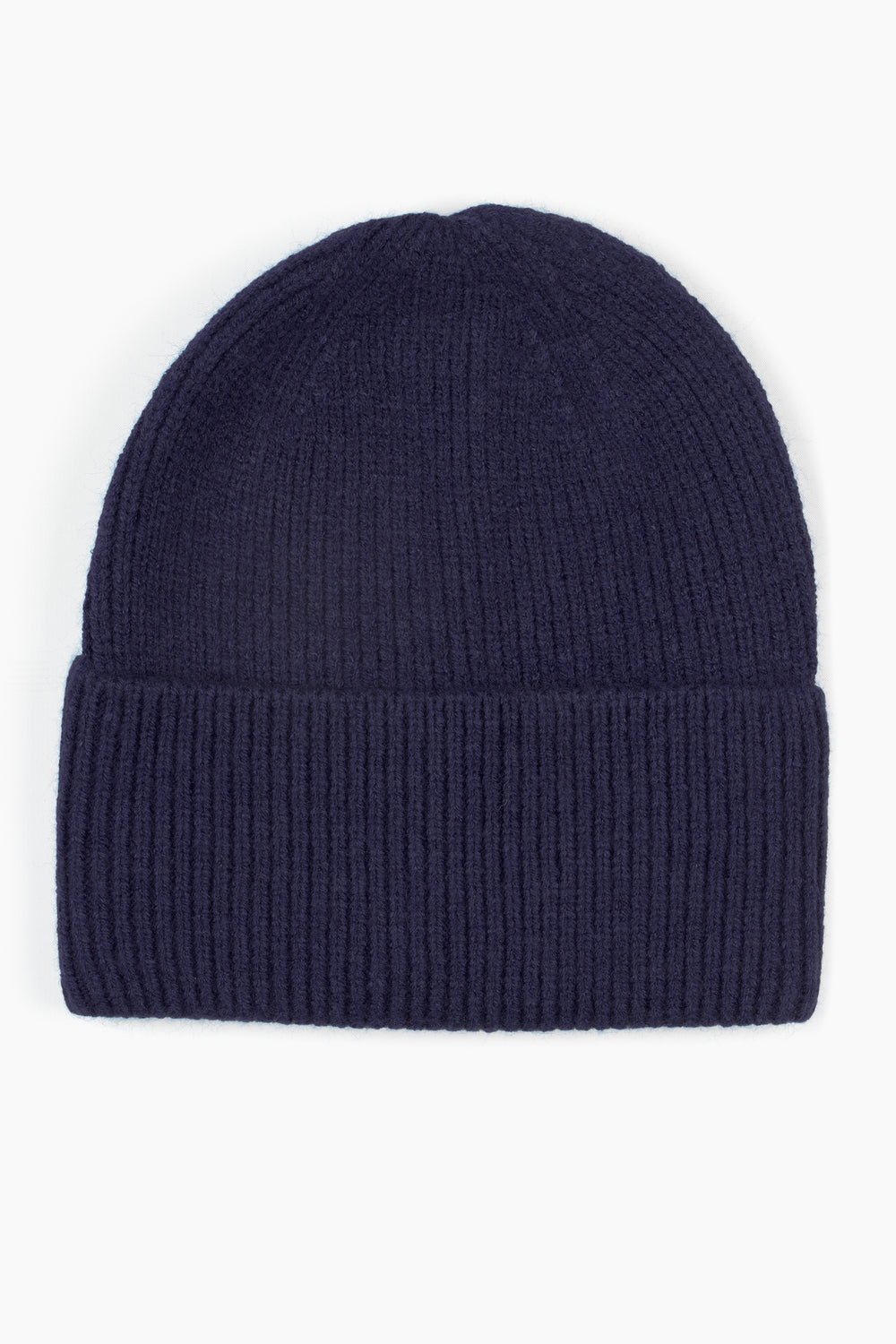 plain navy blue knitted beanie hat with a foldable brim