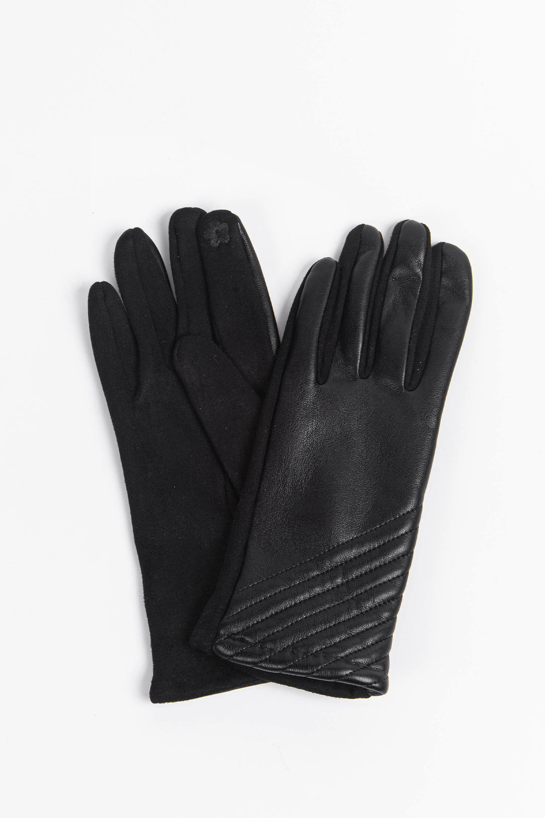 black faux leather gloves with diagonal stitching on the wrists, the gloves have an embroidered detail on the index finger making them touch screen compatible
