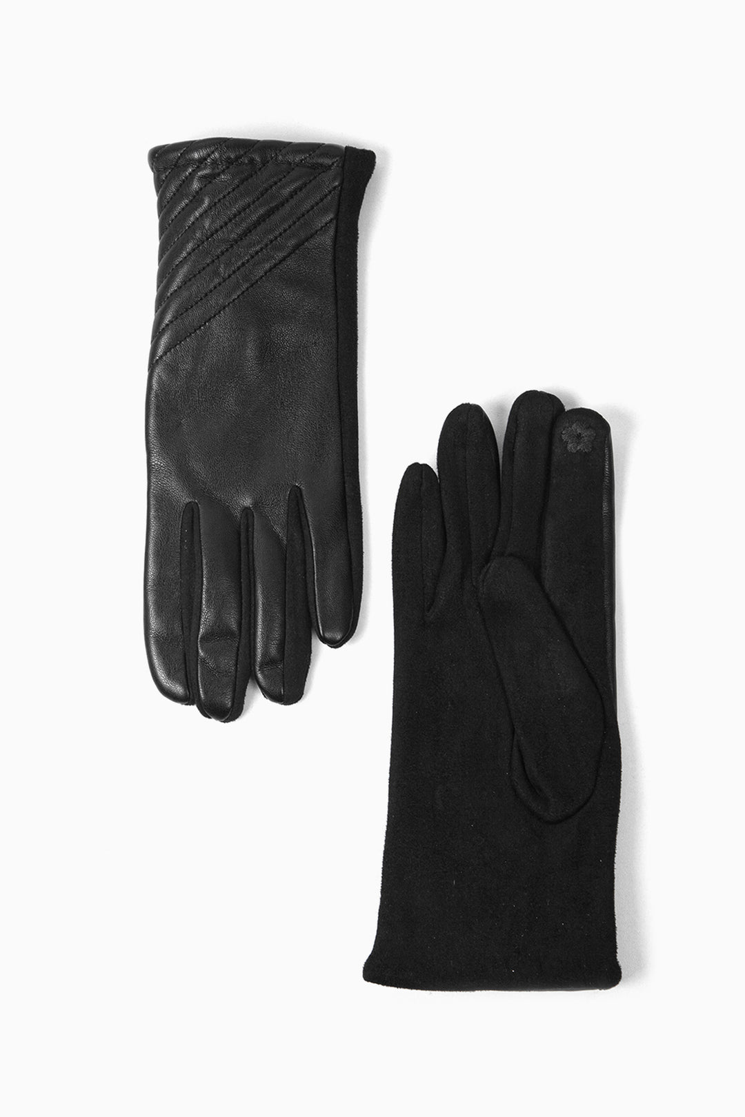 showing the back and the palm of the gloves. the diagonal stitching is visible on the back of the wrist while the touch screen feature is visible on the index finger
