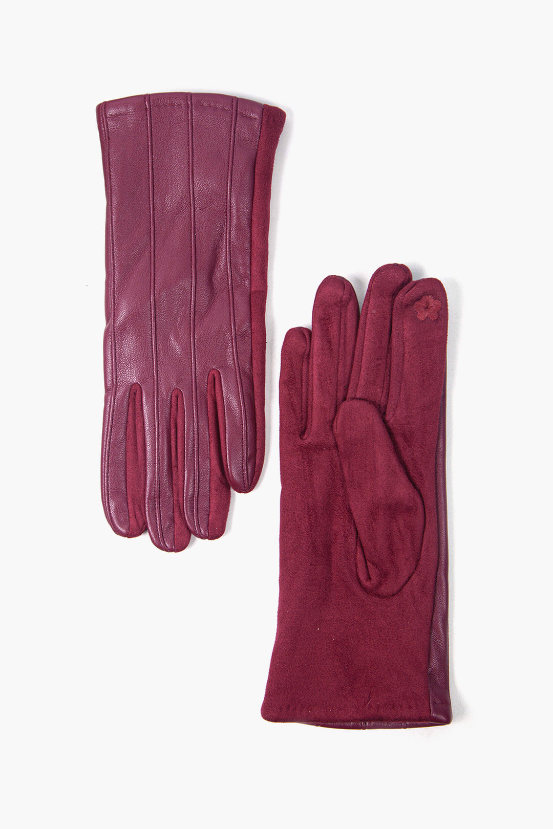 showing the back and the palm of the gloves, the back has classic vertical stitching and the palm shows a touch screen compatible index finger