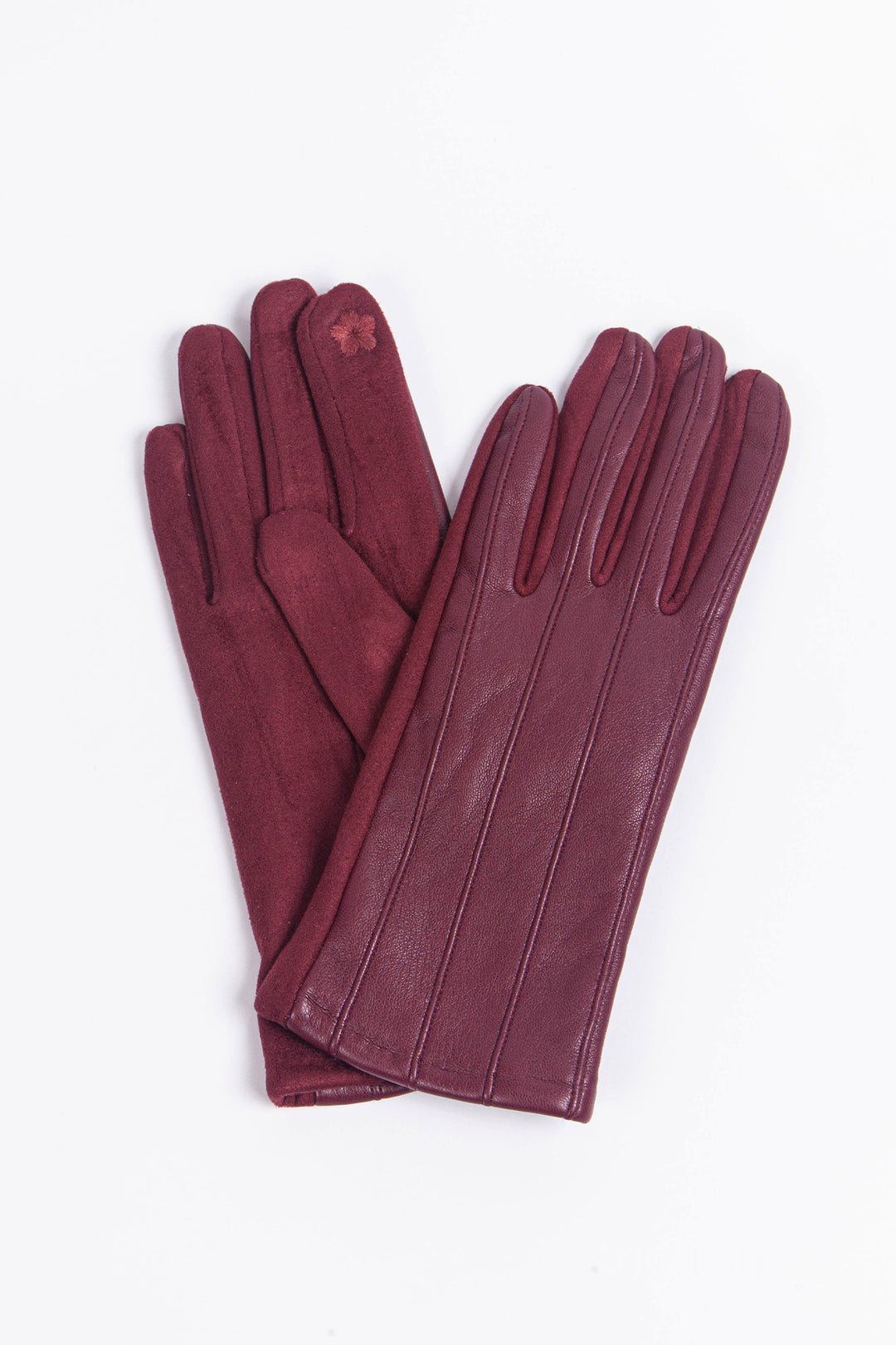 berry red leather gloves with vertical stitching along the back of the hand, these are touch screen compatible shown by the floral stitch detail on the index finger