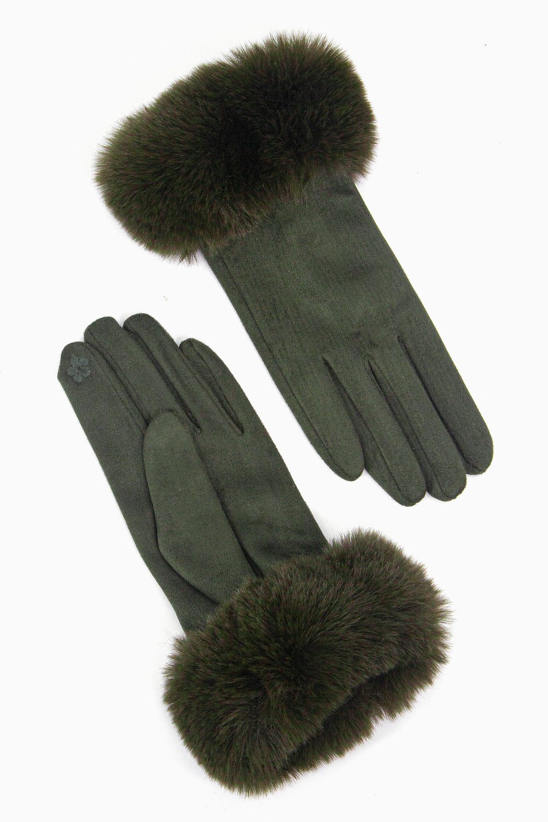 showing the palm and the back of the gloves, the inner index finger has an embroidered flower on the finger tip, this is to allow the wearer to use a touch screen device when wearing the gloves.