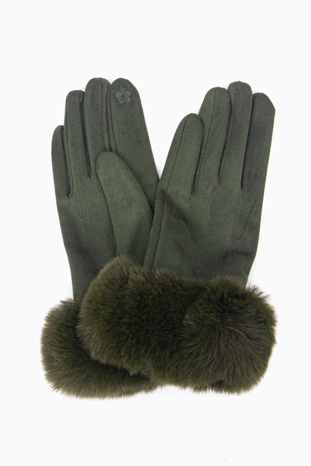 a close up of the velvet winter gloves showing up close the faux fur trim around the wrists.