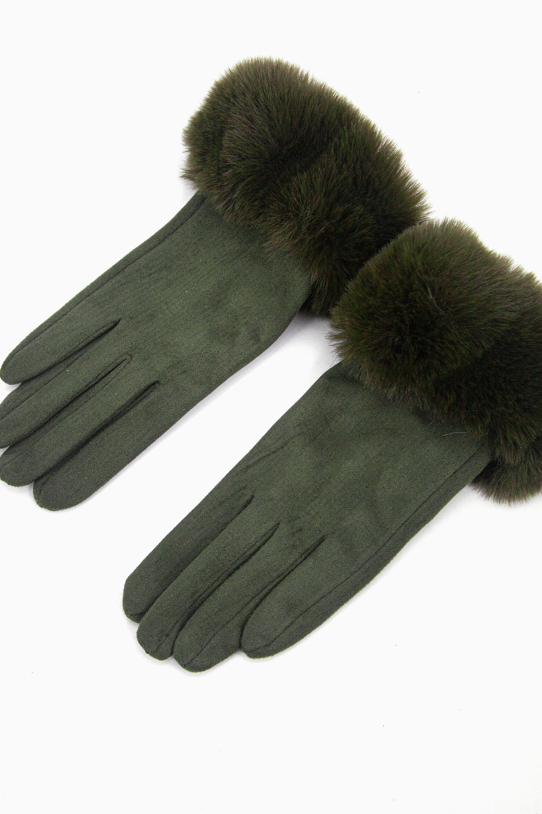 khaki green velvet textured winter gloves with faux fur trim cuffs