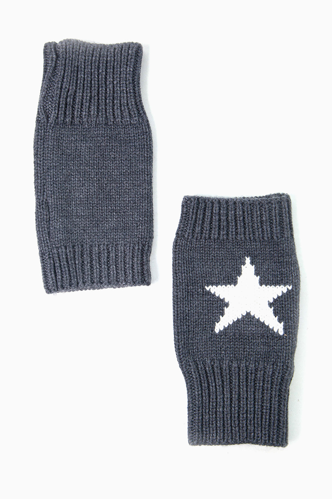 showing the wrist warmers laying flat, the white star is shown only on the back of the hand, the underside of the wrist warmers are plain grey.