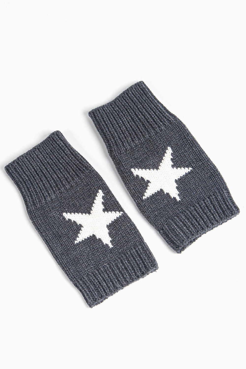 grey knitted wrist warmers with a white knitted single large star on the back of the hand.