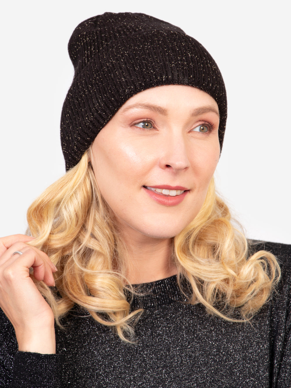 harmony-knitted-beanie-hat-black-bronze-glitter-on-model