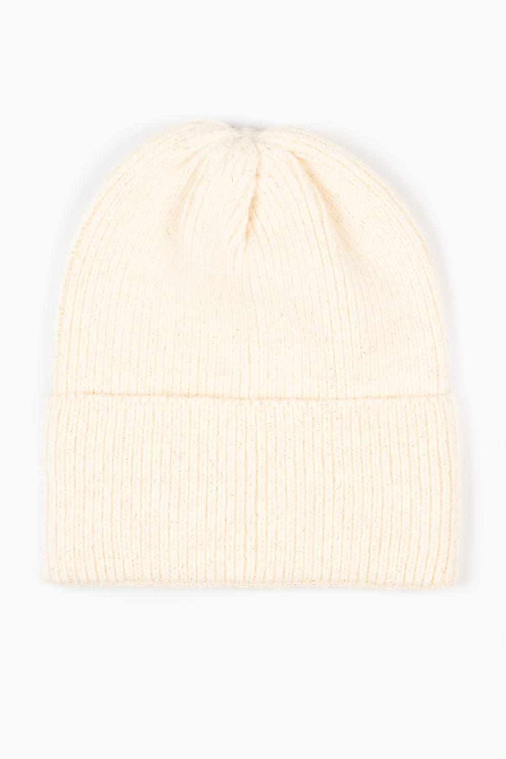 showing the cream beanie hat laying flat, it has a ribbed knitted design and a foldable brim
