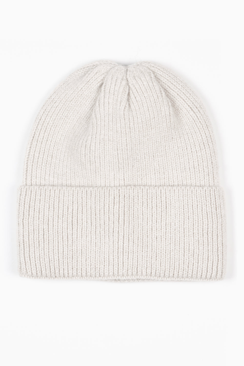 showing the grey sparkly beanie hat laying flat, it has a ribbed knitted design and a foldable brim