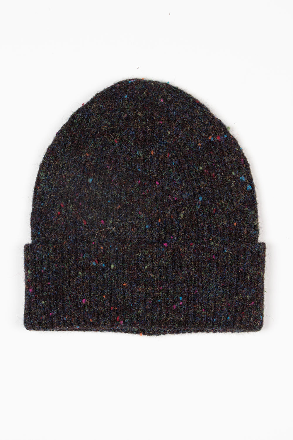 showing the black coloured marl knit beanie hat laying flat. the hat has a multicoloured speckled appearance