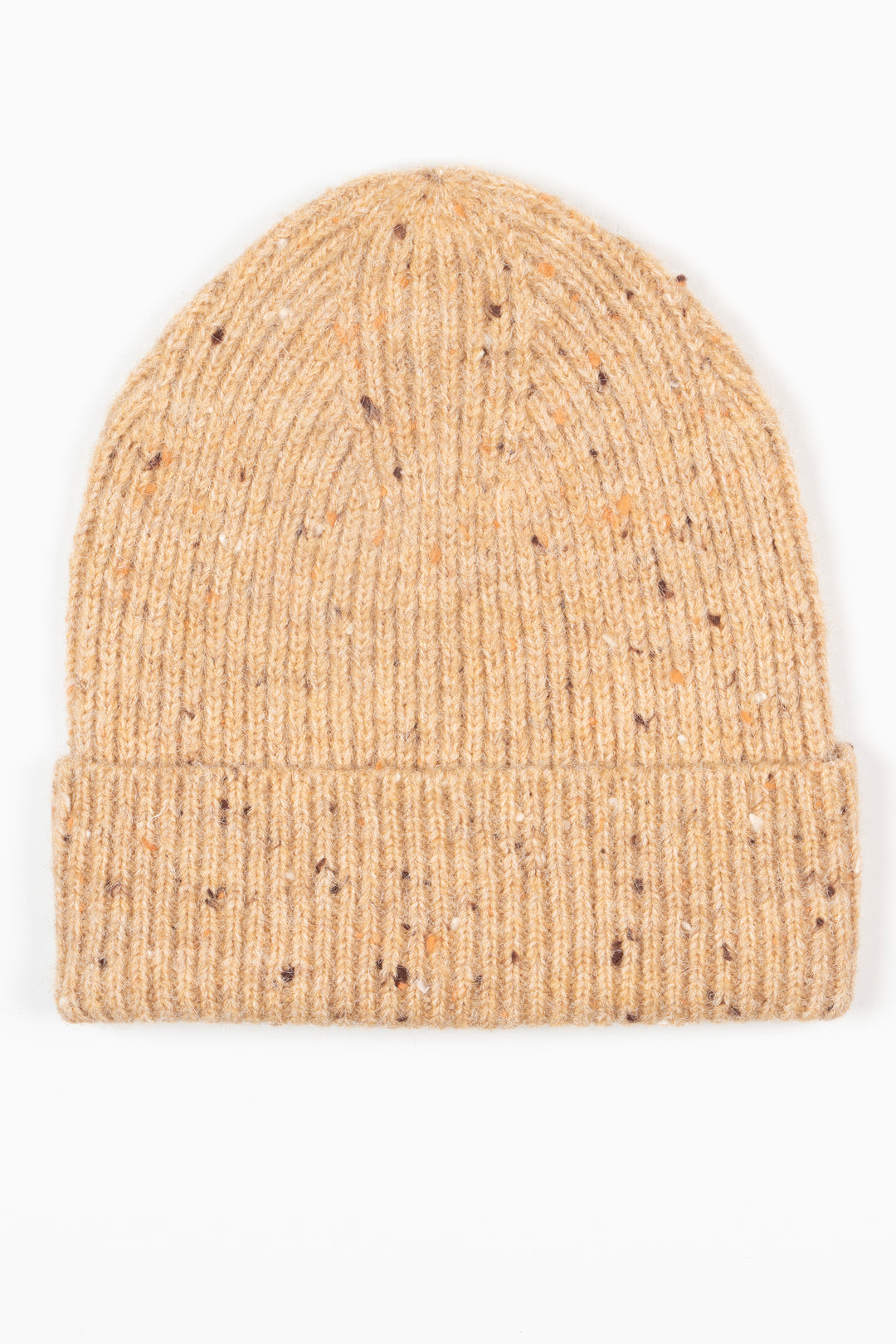 showing the beige coloured marl knit beanie hat laying flat. the hat has a speckled appearance.