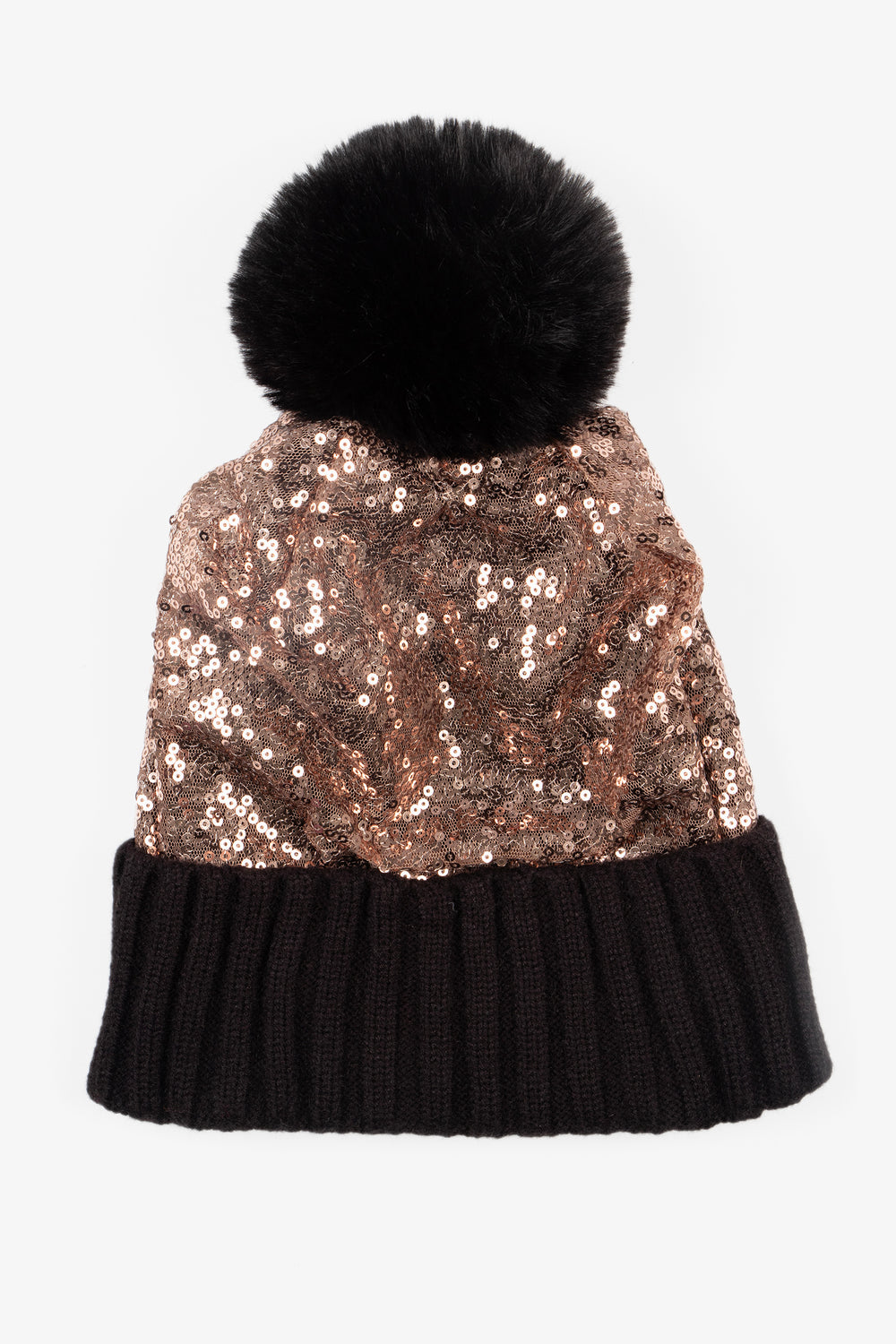 showing the bronze sequin beanie hat laying flat, the pom pom and trim are black, the main part of the hat is entirely covered with sequin.