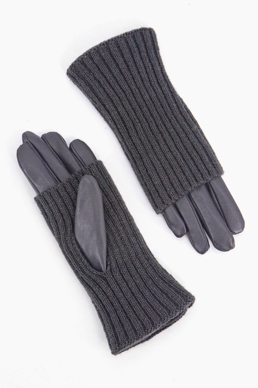 showing the gloves with one palm up and the other palm down. the knitted overlay is shown to cover the gloves from the cuff to mid way on the palm. there is a thumb hole in the overlay which the thumb of the PU glove goes through.