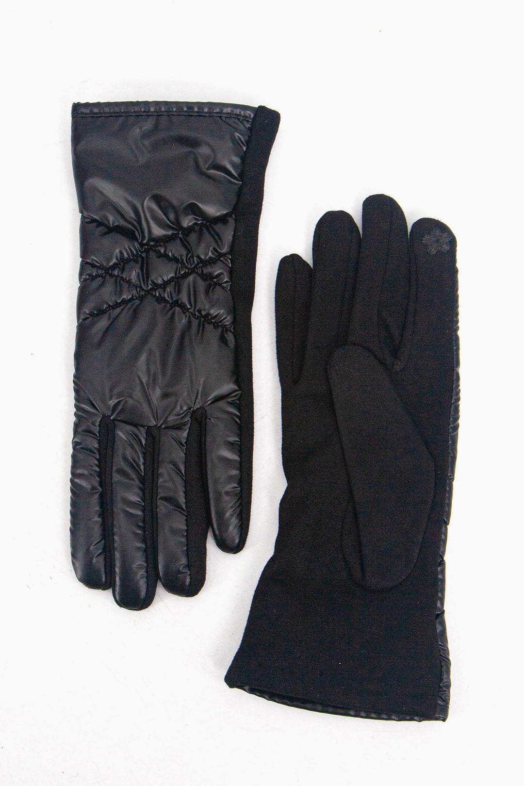 metallic black winter gloves with stitching on the back, the palm is matte black and has a touch screen point on the tip of the index finger.