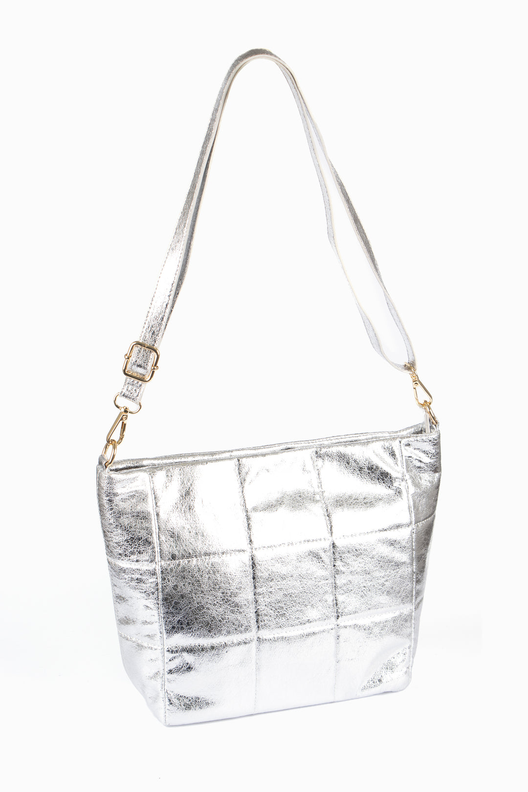 Stella Crossbody Bag - Silver, Cracked Metallic Faux Leather