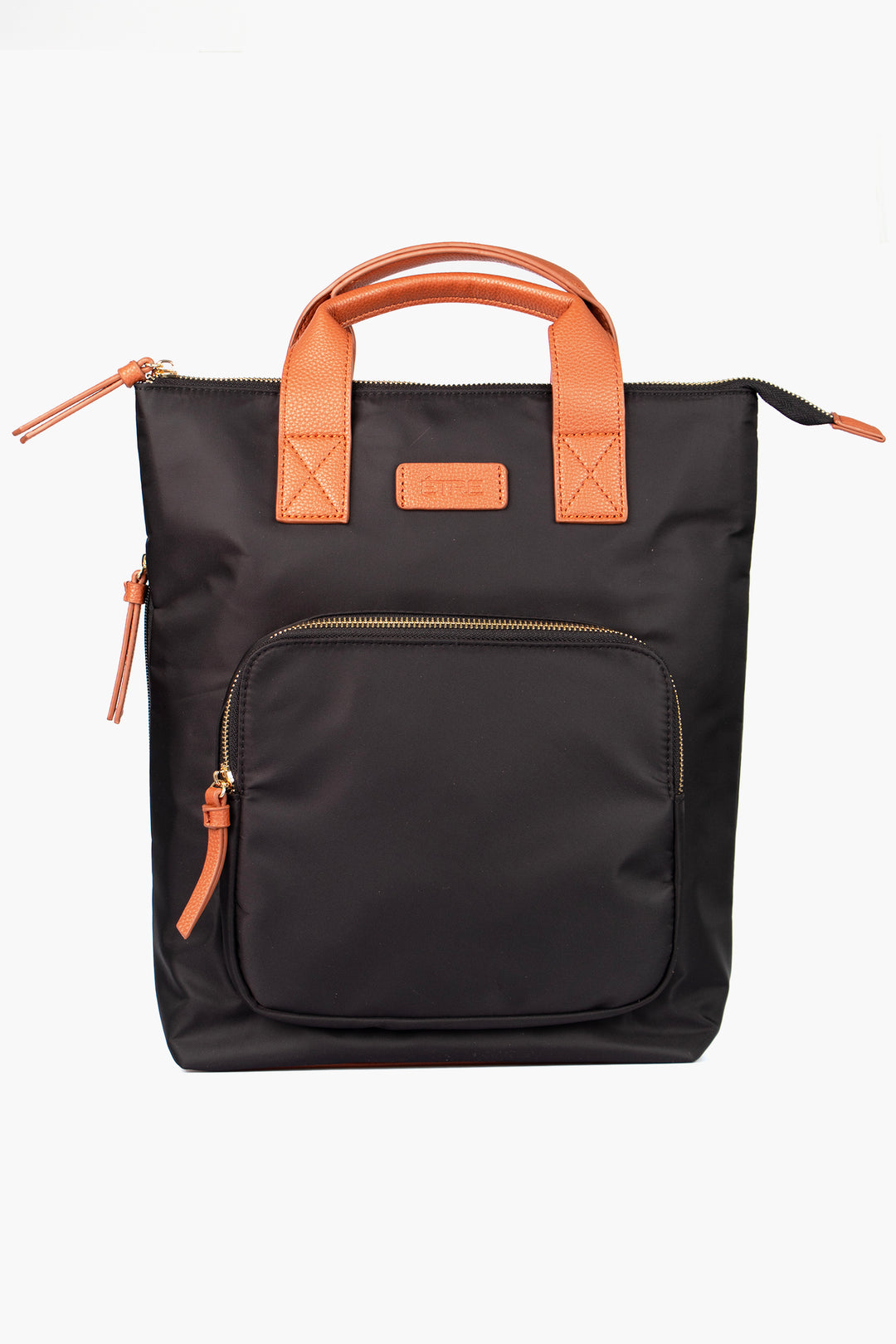 black back pack with tan brown top carry handles and multiple zip closing compartments