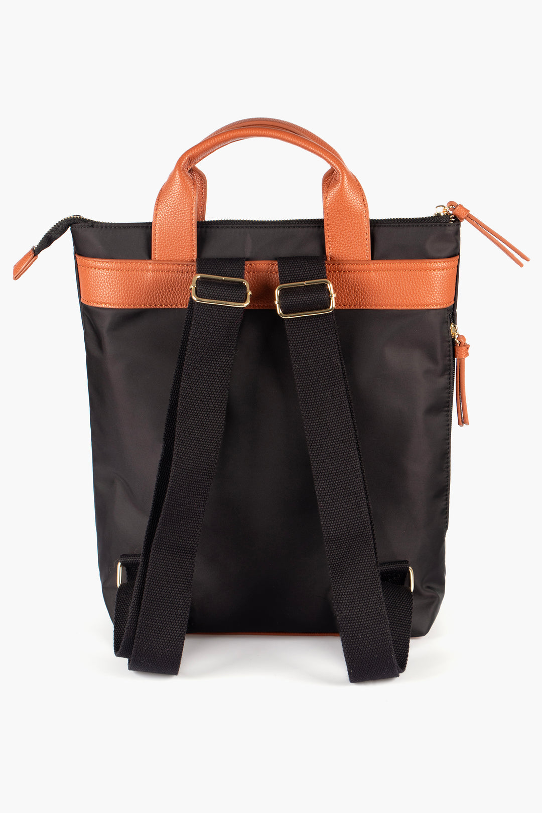 showing the backpack with the straps facing the camera, the straps are also black and are adjustable. the back pack has to tan faux leather handles on the top.