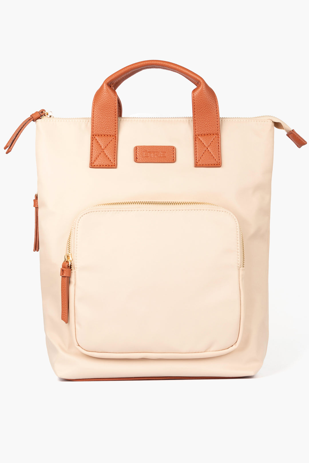cream back pack with tan brown top carry handles and multiple zip closing compartments