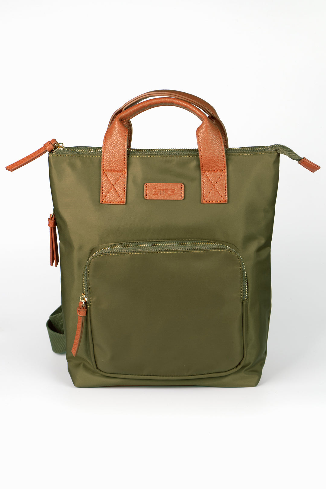 khaki green back pack with tan brown top carry handles and multiple zip closing compartments