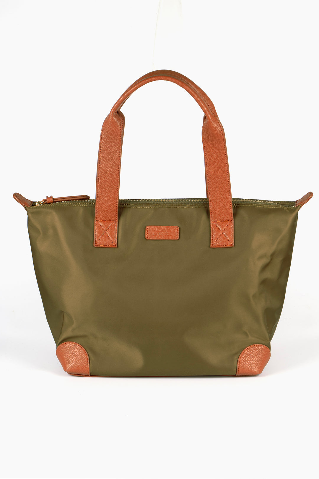 khaki green tote bag with brown tan accents and a brown carry handle, the bag has an external zip closure fastening on the top