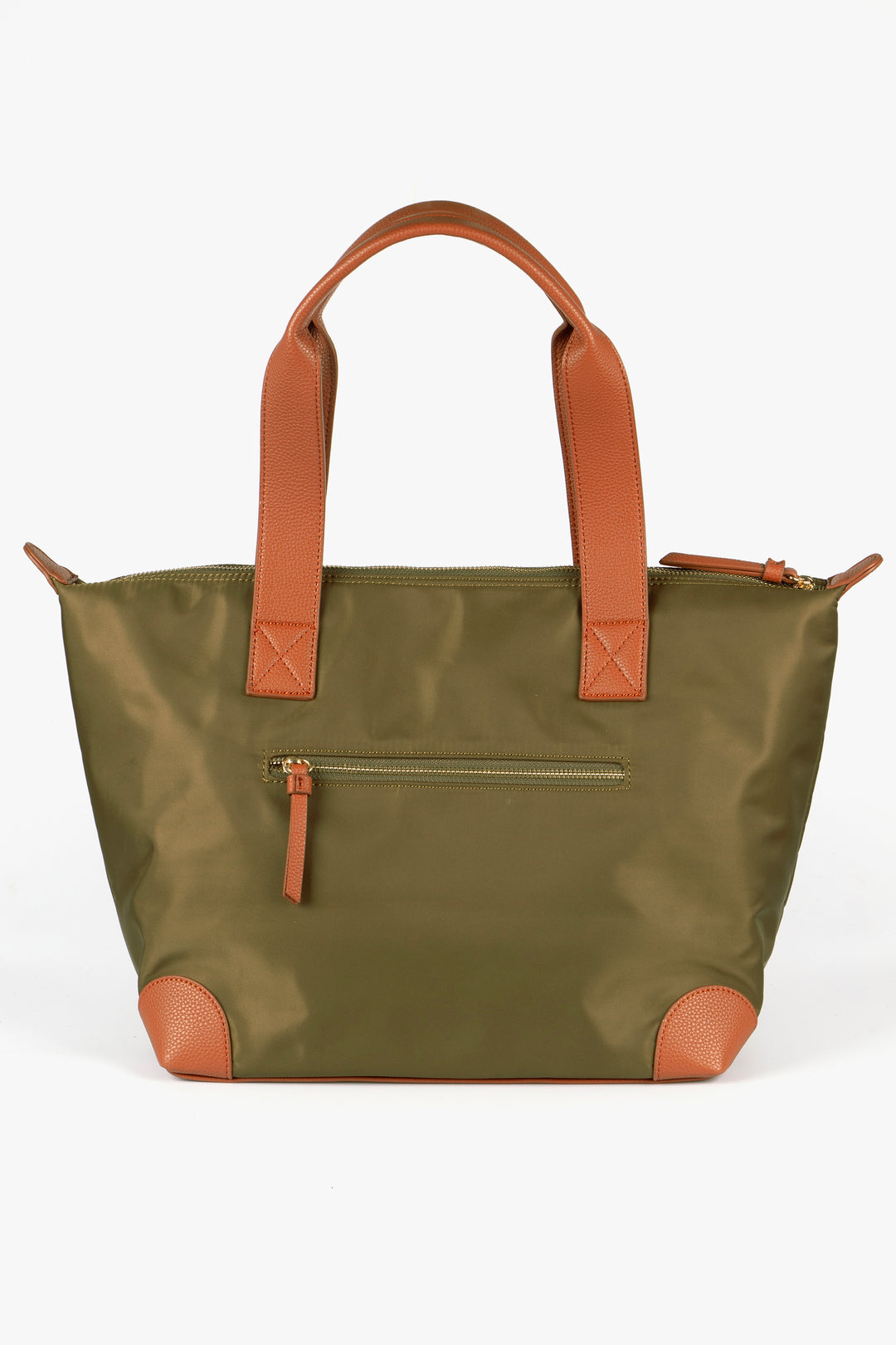 showing the back of the green and brown tote bag, there is a horizontal zip pocket.