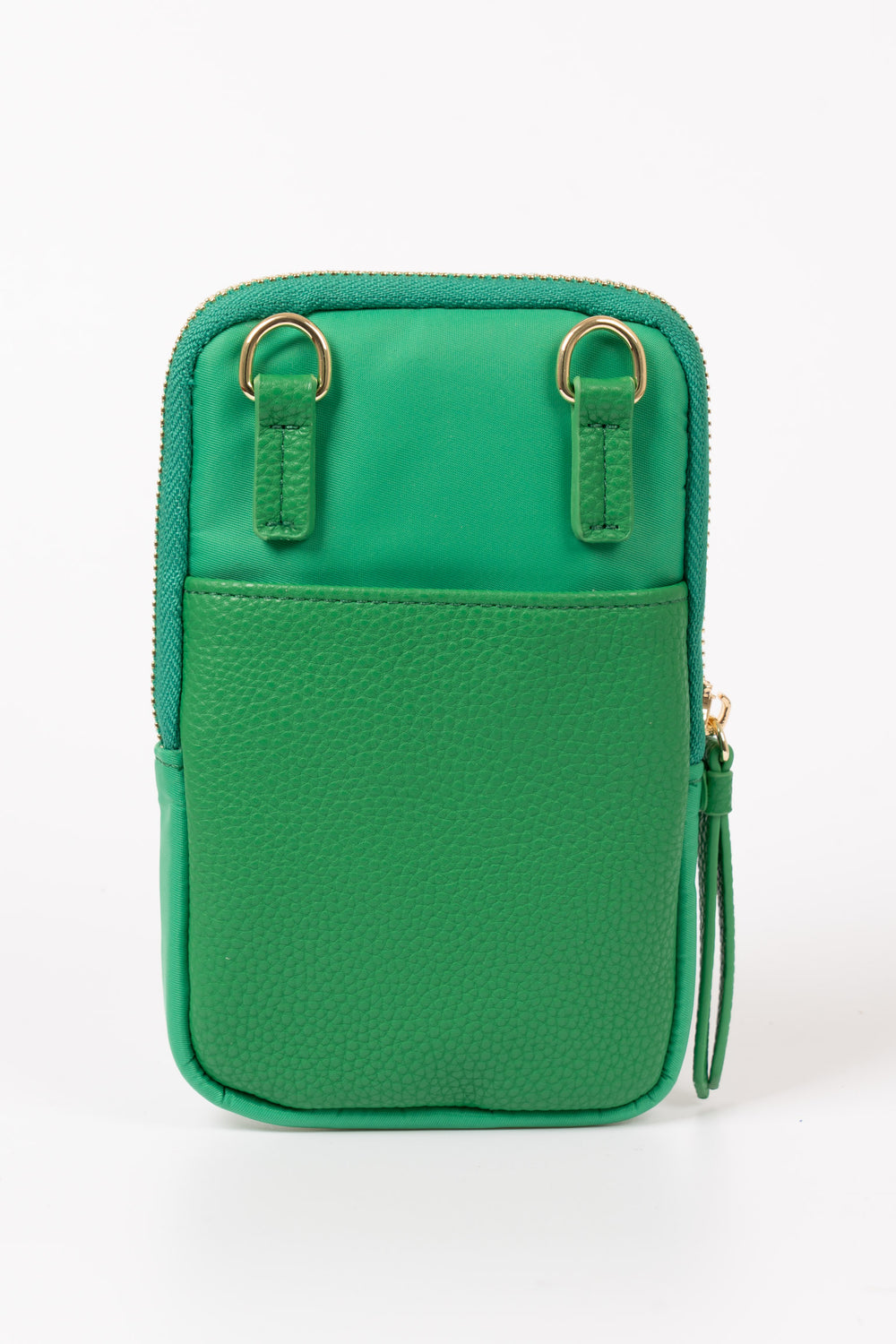 ivy-crossbody-phone-bag-green-nylon-pu-rear-clip-on-strap-hoops