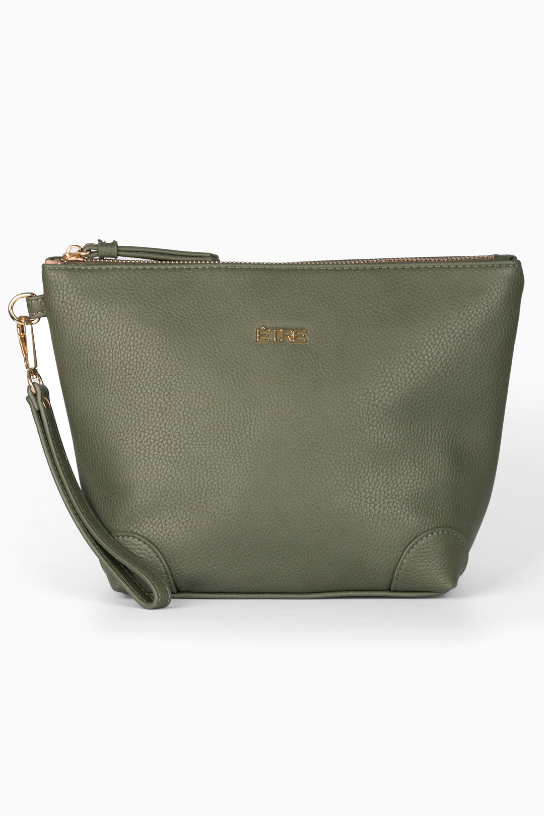 khaki green faux leather vanity bag with a detachable wrist strap and top zip closure