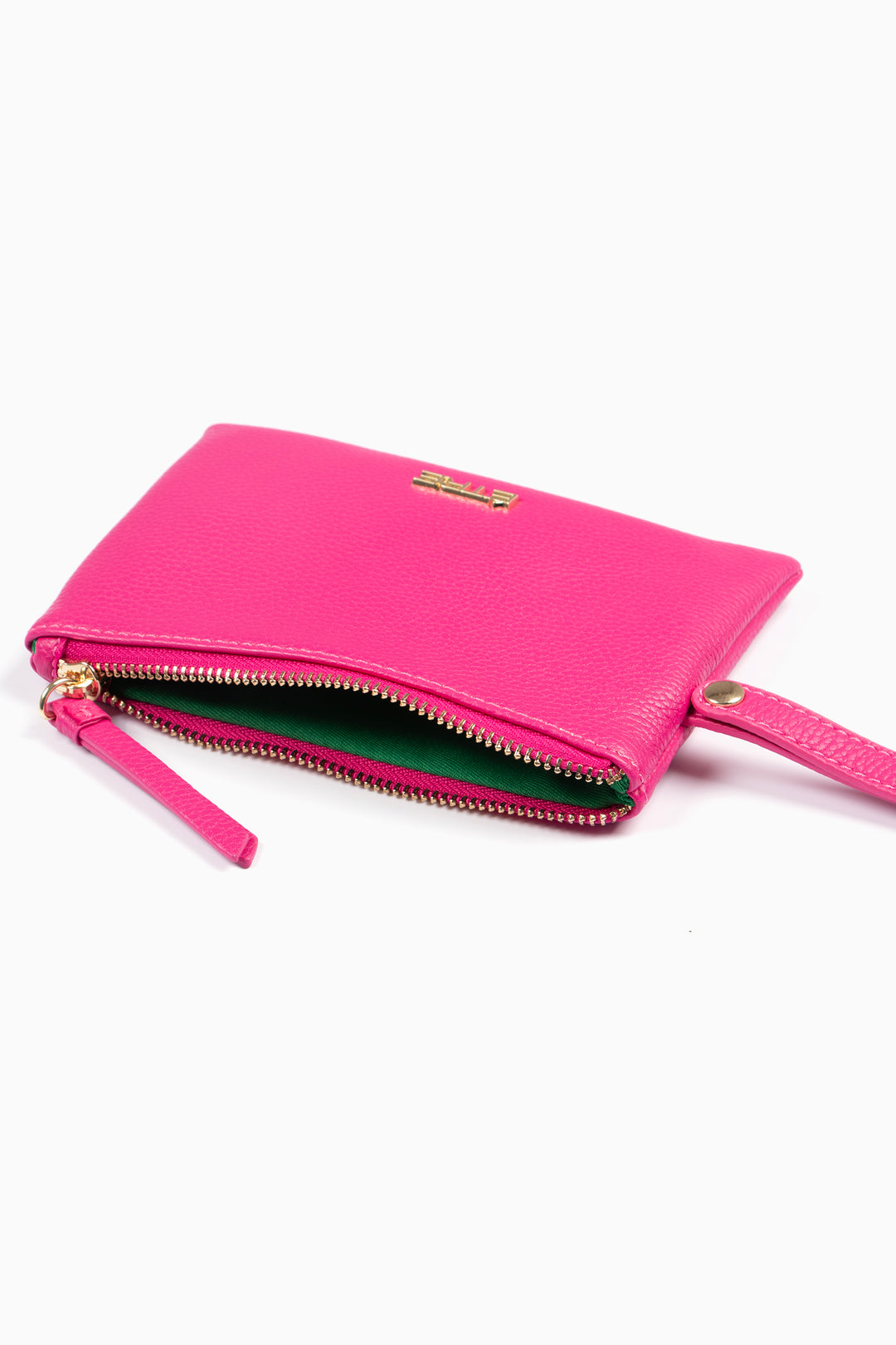 showing the purse laying flat, it is open showing the zip closure and inner lining.