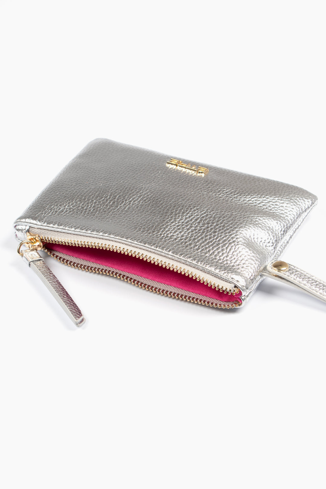 showing the purse laying flat, it is open showing the zip closure and inner lining.