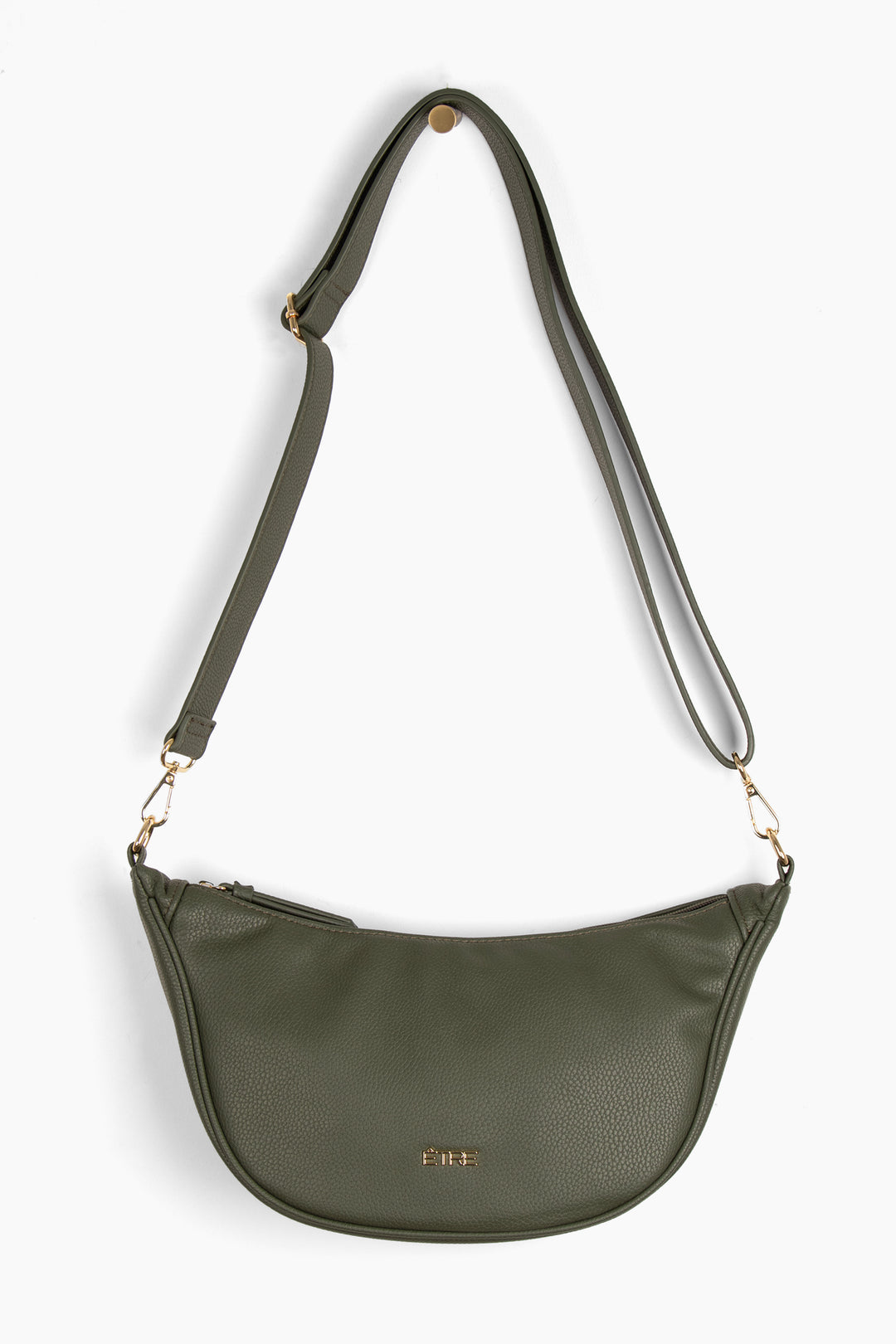 khaki green faux leather crossbody half moon sling bag with detachable bag strap