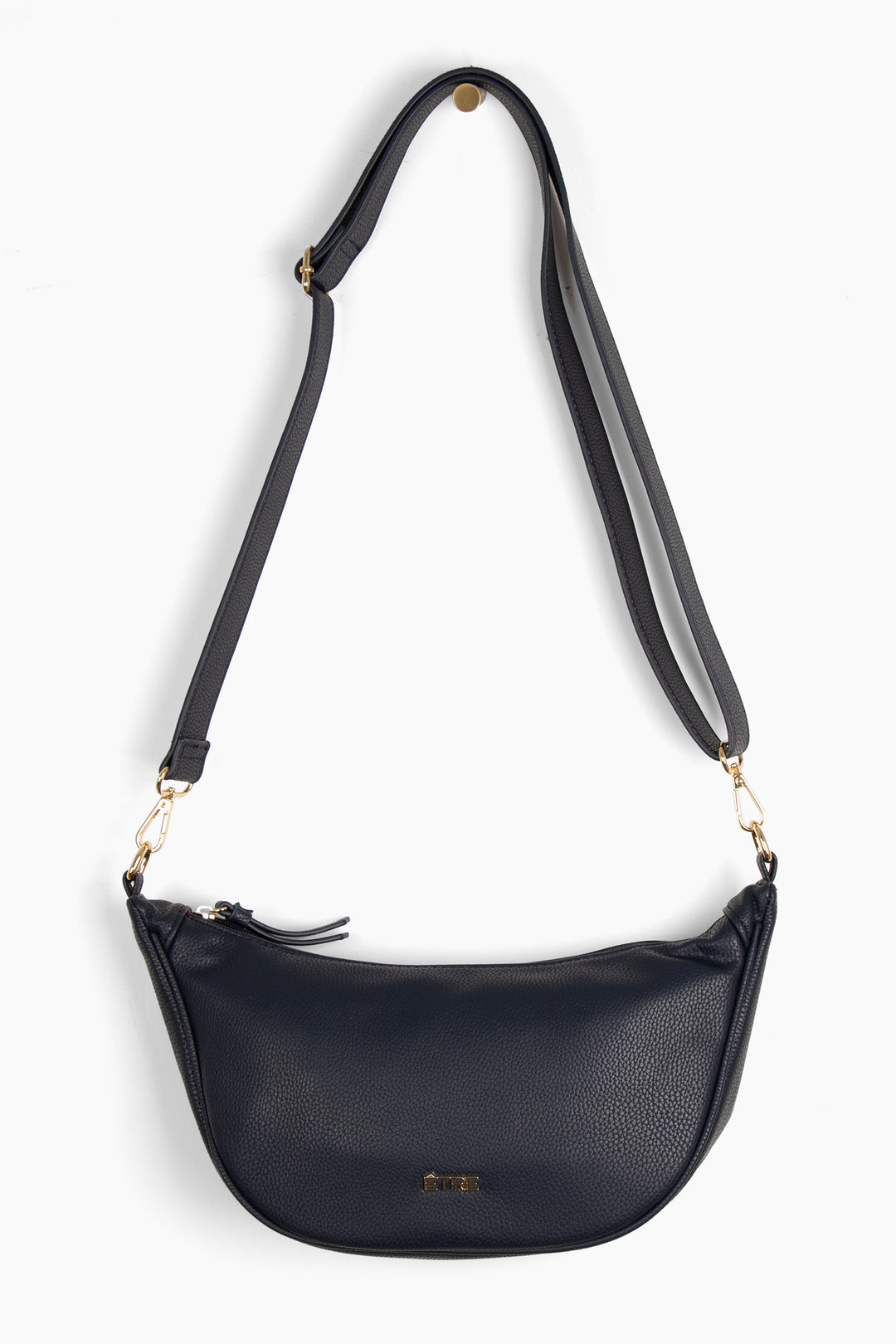 navy blue faux leather crossbody half moon sling bag with detachable bag strap