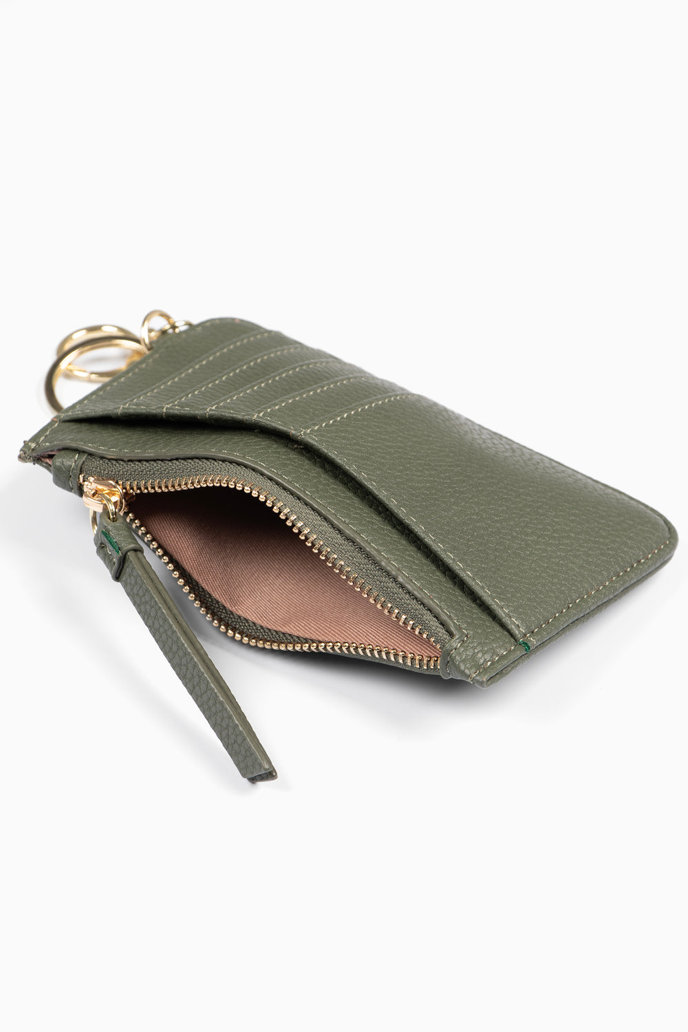 showing the khaki green holder laying flat, there is an open zip pocket compartment, also showing are the card slots on the outside of the item