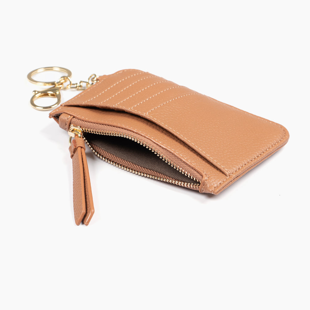 showing the tan holder laying flat, there is an open zip pocket compartment, also showing are the card slots on the outside of the item