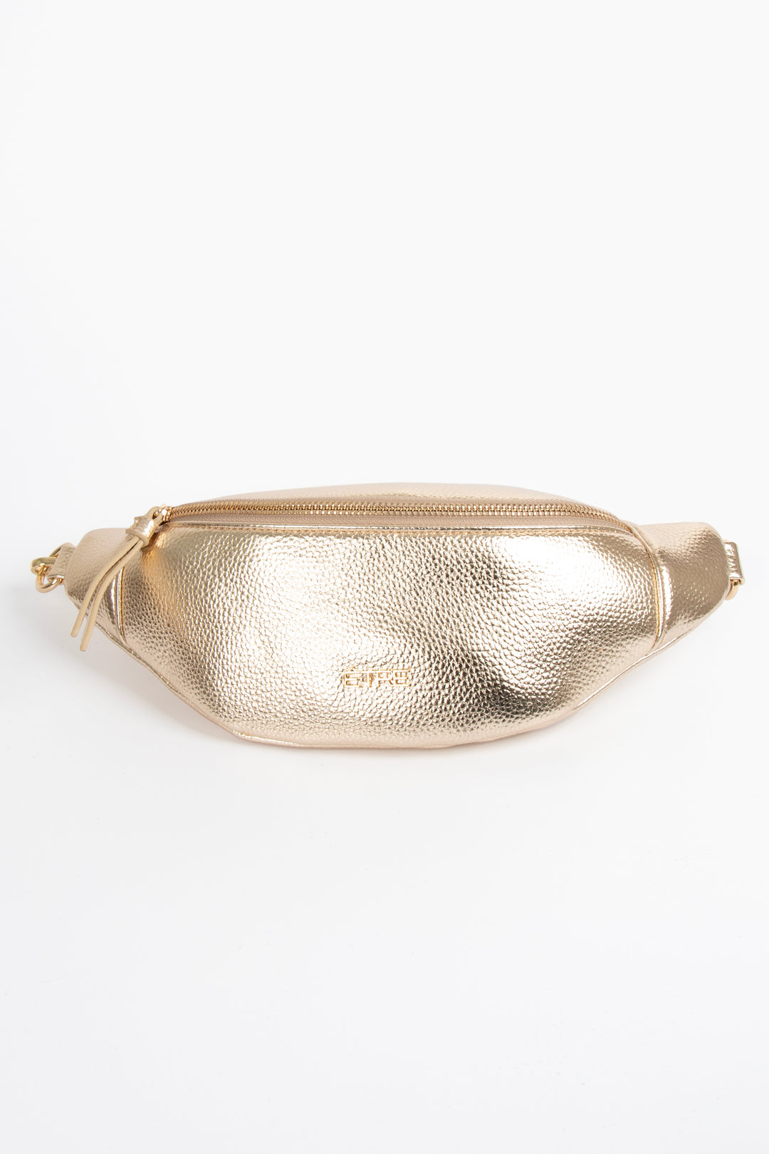 gold metallic faux leather bum bag with gold zip closure and gold hardware