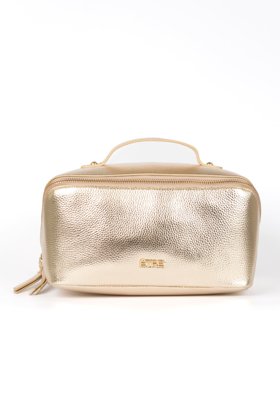 metallic gold faux leather vanity case with a top handle. the cosmetics bag has zip fastening closure
