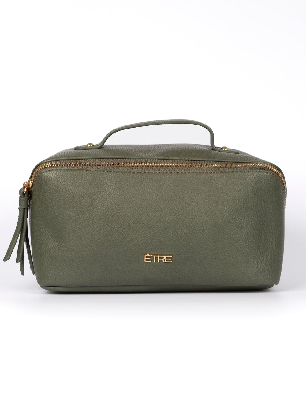 khaki green faux leather vanity case with a top handle. the cosmetics bag has zip fastening closure.