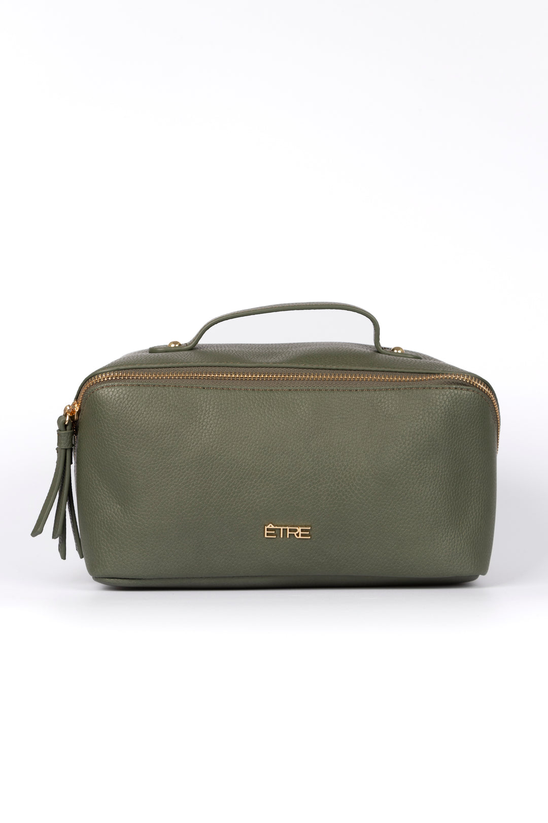 khaki green faux leather vanity case with a top handle. the cosmetics bag has zip fastening closure.